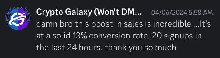 Message from Crypto Galaxy: 13% conversion rate and 20 signups in 24 hours