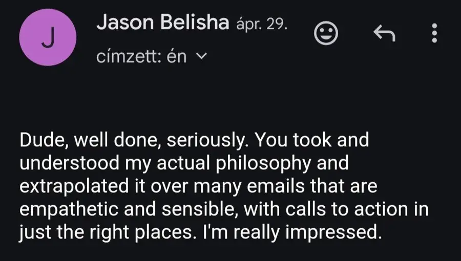 Message from Jason Belisha praising the emails